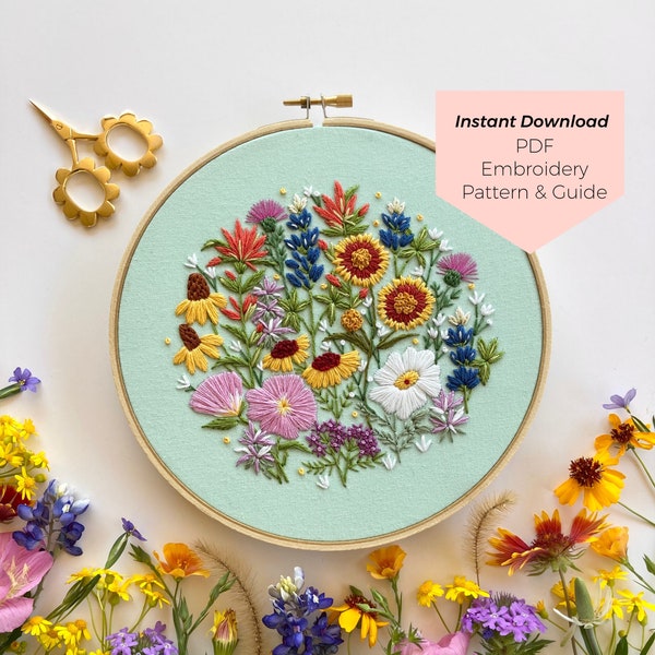 Texas Wildflowers Embroidery Pattern - Instant Digital Download - PDF Embroidery Pattern and Stitch Guide