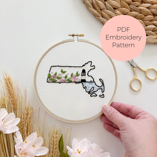 Massachusetts State Embroidery Pattern - Instant Digital Download - PDF Embroidery Pattern and Stitch Guide