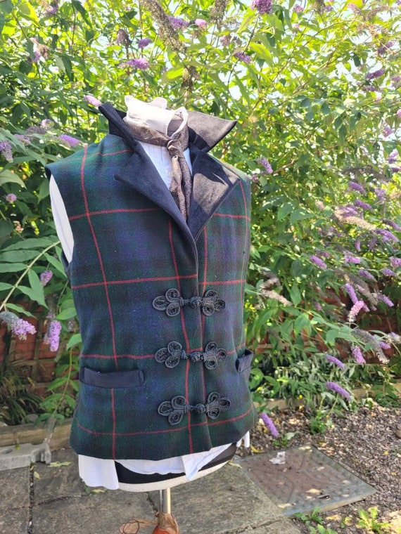 Regency style tartan steampunk waistcoat with frog closures