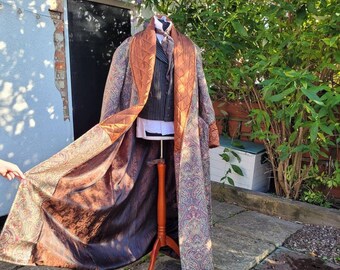 victorian Sherlock Holmes style velvet green paisley dressing gown, house coat. Steampunk