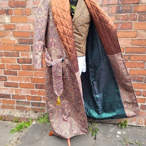 victorian Sherlock Holmes style velvet green paisley dressing gown, house coat. Steampunk