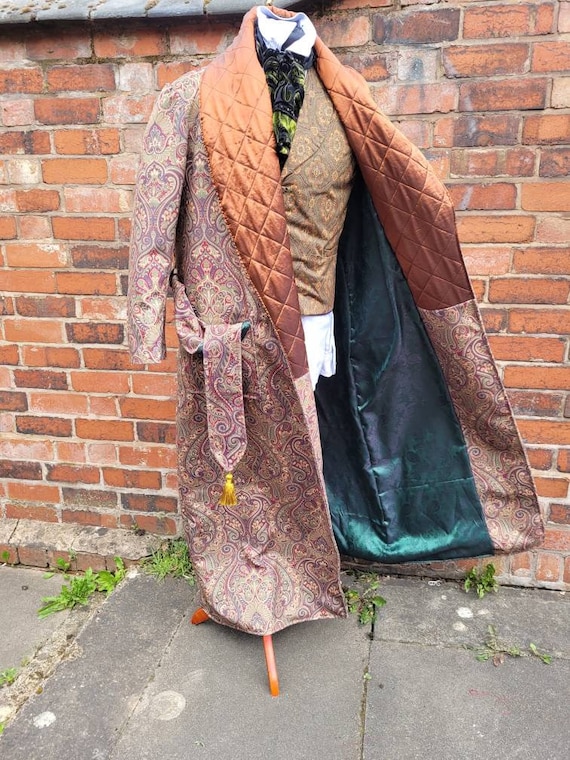 victorian Sherlock Holmes style velvet green paisley dressing gown, house coat. Steampunk