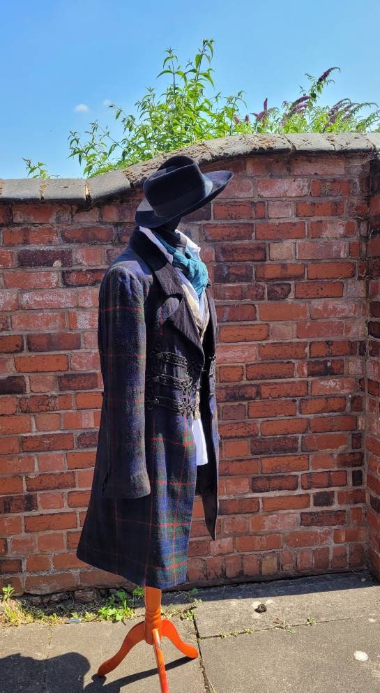 Sherlock Holmes tartan replica frock coat, hand stitched frog detailing,  wool frock coat, closes with hook and eyes at the waist.