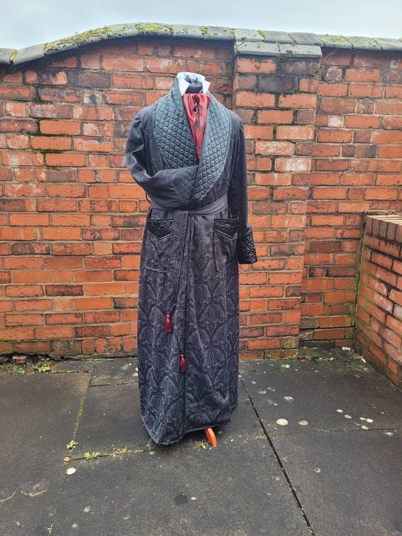 victorian Sherlock Holmes style Black damask paisley dressing gown, house coat.