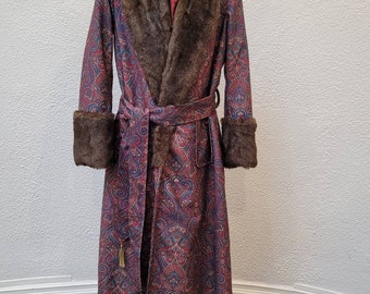 victorian Sherlock Holmes style paisley fur dressing gown, house coat. Steampunk