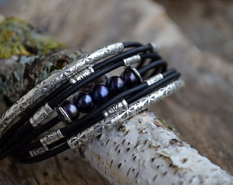 Black Pearl Sterling Silver Black Leather Bracelet Multiple Strand Boho Bangle Modern Unique