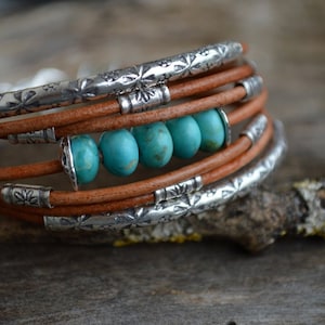 Kingman Turquoise Sterling Silver Leather Bracelet Multiple Strand Natural Brown Genuine Blue Turquoise