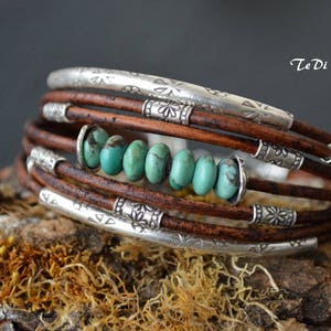 Turquoise Sterling Silver Leather Bracelet Multiple Strand Chocolate Brown Boho Bangle Modern Unique