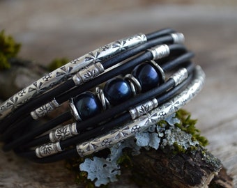 Pearl Sterling Silver Leather Bracelet Multiple Strand Black Pearls Boho Bangle Modern Unique