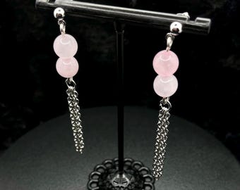Blush Drape – Rose Quartz Dangle Earrings with Silver Chains