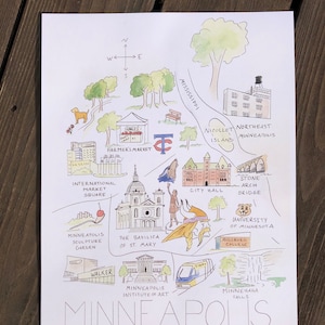 Minneapolis Map Art Print, U of MN Twin Cities Augustine University St Mary’s Basilica, Stone Arch Bridge Minnehaha Falls, Minnesota Map Art
