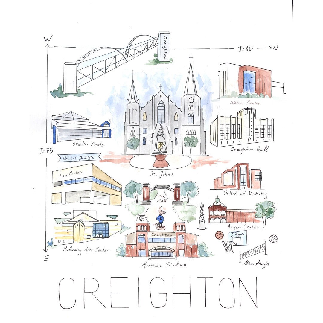 Creighton University Map Color Print, Omaha Nebraska Map, Map Art 11x14