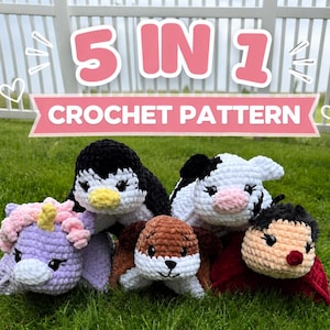 May include: Five plush crochet toys including a purple unicorn, a black and white penguin, a brown and white dog, a black and white cow, and a ladybug with a red body. The image features the text 5 IN 1 CROCHET PATTERN in pink and white.