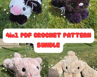 Könnte beinhalten: Ein 4-in-1 PDF-Häkelmuster-Bundle mit vier Plüschtier-Designs: eine schwarz-weiße Kuh, eine schwarze Katze, ein rosa Schwein und ein hellbraunes Kaninchen. Der Text "4in1 PDF CROCHET PATTERN BUNDLE" ist rot dargestellt.