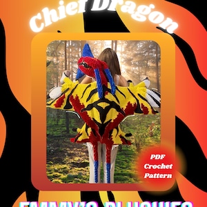 May include: A colorful crochet dragon plushie with yellow, black, red, and blue details. The dragon has large wings and is displayed against a forest backdrop. Text on the image reads "Chief Dragon" and "Emmy's Plushies".