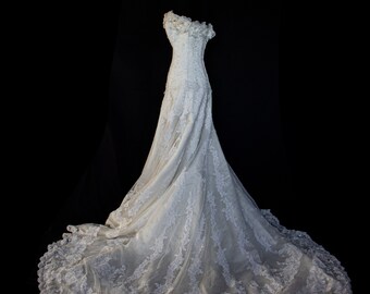 142 - Ready to shine? Vintage lace tulle wedding dress/tulle and embroidery wedding dress/white lace A-line wedding dress