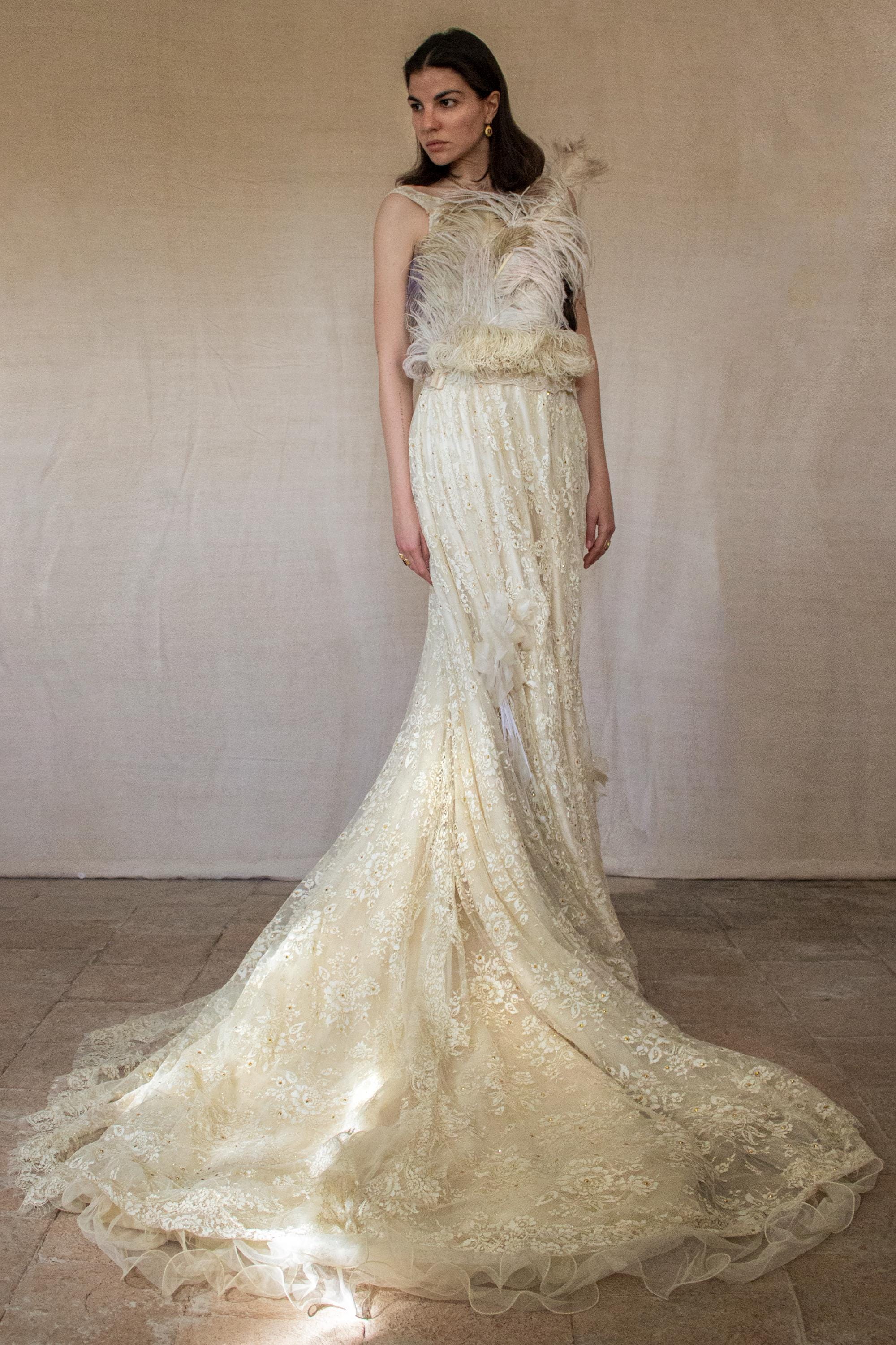 antique gold lace wedding dress Vintage 90s Two Piece Dress, A-line Skirt and Feather Bustier Bridal Gown - 349 Size_Width:45.3