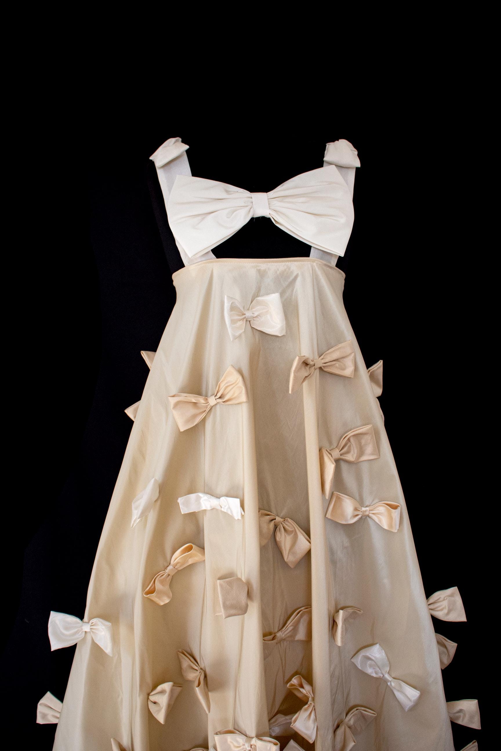 338 Upcycled Vintage Wedding Dress Ecru Silk Taffeta With Cream Bows 338-upcycled-vintage-wedding-dress-ecru-silk-taffeta-with-cream-bows