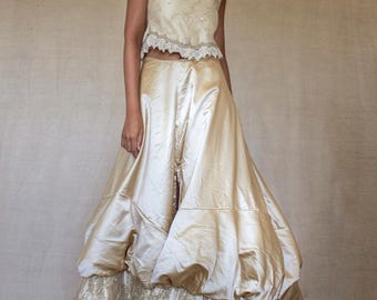 295 - Cool Bubble Skirt Vintage Wedding Dress Two Piece Top and Balloon Skirt/Wedding Dress Bubble Skirt+Vintage Embroidery Silk Satin Top