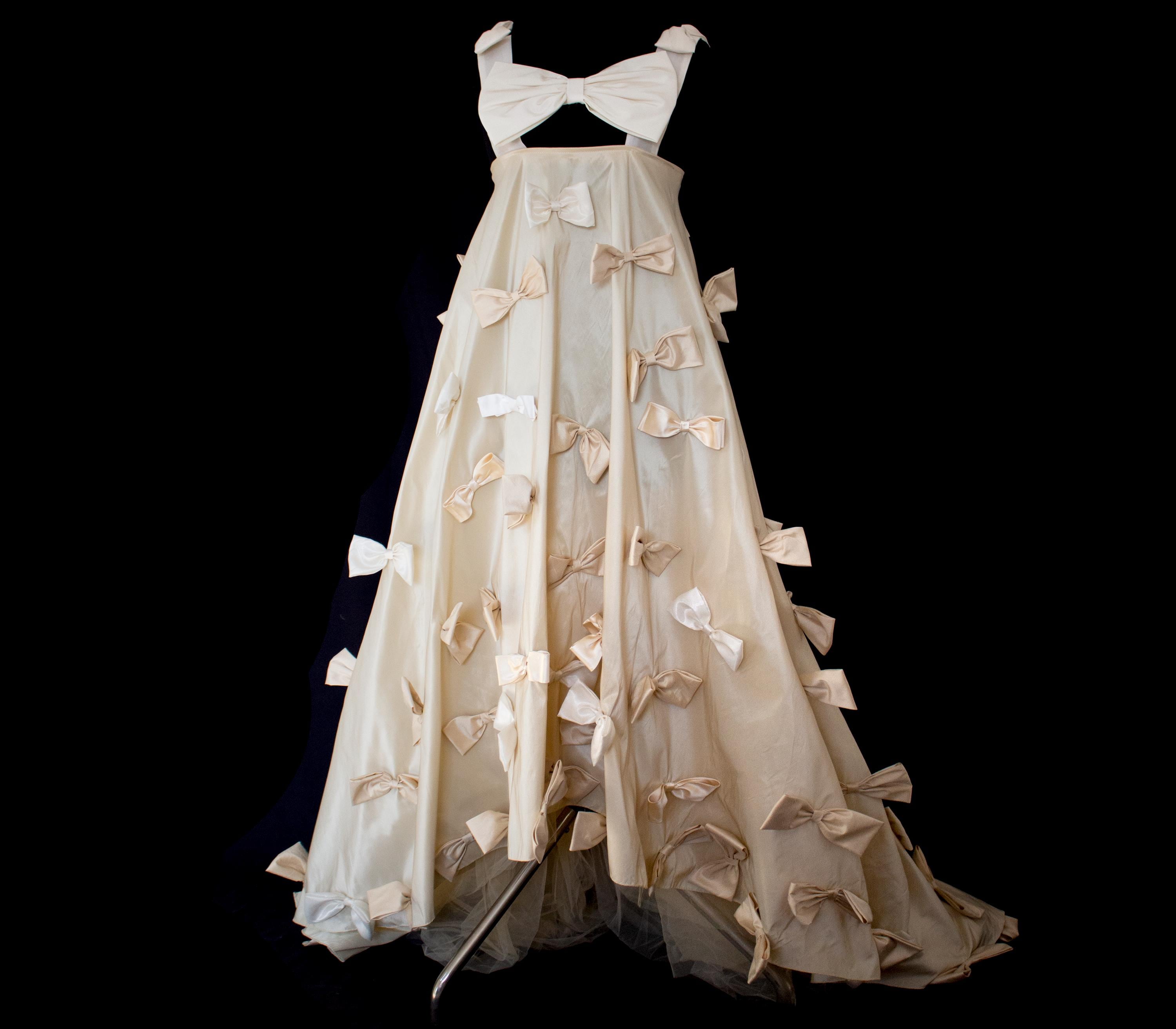 338 Upcycled Vintage Wedding Dress Ecru Silk Taffeta With Cream Bows 338-upcycled-vintage-wedding-dress-ecru-silk-taffeta-with-cream-bows