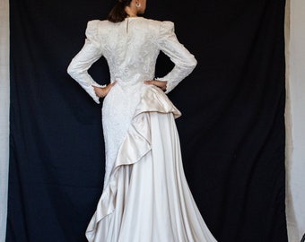 163-Exaggerated,with a strong personality Vintage 80s wedding dress/Eighties mikado silk and embroidery dress/80s sheath dress and maxi tail