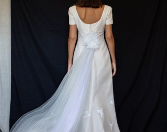 169 - Praise to elegance Vintage wedding dress Lorenzo Riva/Sheath dress with tulle tail and embroidery/Precious Haute Couture wedding dress