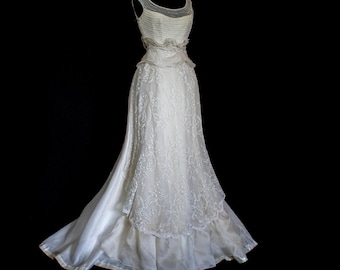 Vintage A-Line Silk Organza Wedding Dress with Floral Embroidery, Beaded Bodice & Long Lace Train - 367