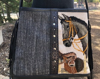 Horse and Saddle Needlepoint Tweed Shoulder Cross Body Bag. Genuine Black Leather Bottom & Top, Tooled Leather Trim, Hand Cut Leather Fringe