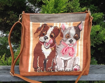 Puppy Dogs New Wool Needlepoint Cross-body Shoulder Bag Tote. Large Exterior Front Pocket, micro suede lining, adjustable removable strap