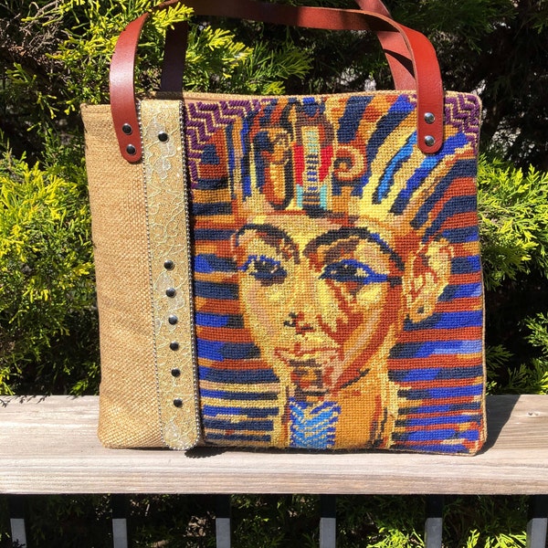 New Large Shoulder Bag Tote, Egyptian Pharaoh Tutankhamen, King Tut, Large Exterior Pocket, 4 Interior Pockets, Genuine Leather Straps