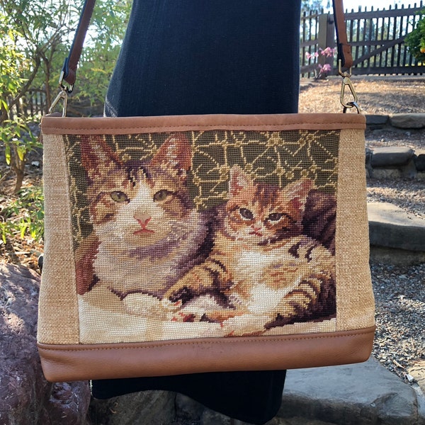 Mother Cat and Kitten Needlepoint Shoulder Bag Tote. Leather bottom, straps and trim. Large Exterior pocket.