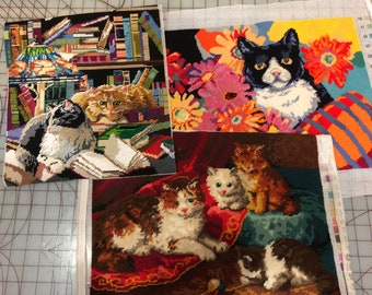 5 Cat needlepoints. Can be custom made. NOT YET PRICED.