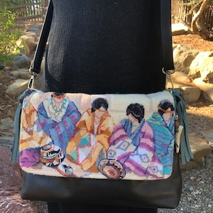 Pueblo Morning Indian Genuine Leather Shoulder Bag Cross Body Purse Needlepoint. Leather tassels. Faux Suede Lining.