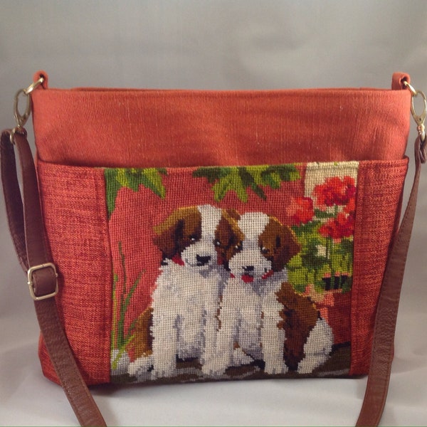 Puppies New Wool Needlepoint Cross-body Purse or Shoulder Bag with Large Exterior iPad Pocket, Removable, Adjustable Strap