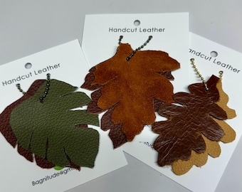 Hand-Cut Leather 2 Leaf Key Chain Set, Oak, Maple, Monstera, Purse Charm