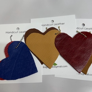 2 Hand-Cut, 3&quot; Leather Hearts on a Ball Chain, Purse Charm Bag Jewelry Bling, or Key Ring, Zipper Pull