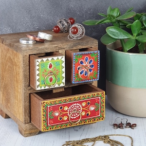 Hand Painted Wooden Jewellery Box | Jewellery Chest | Three Drawers | Hand Painted Designs
