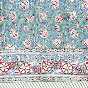 Hand Block Printed Cotton Tablecloth | Sage Green & Pomegranate | 8-Seater