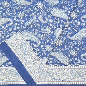 Hand Block Printed Cotton Tablecloth | Blue Paisley | 6-Seater Table Cover | Sofa Throw | Single Bed Cover