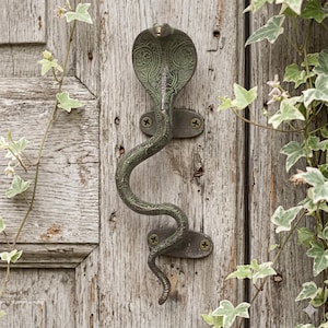 Puede incluir: Un tirador de puerta de bronce con forma de cobra. Está montado en una puerta de madera envejecida y presenta intrincados detalles grabados. La cabeza de la serpiente está en la parte superior, con el cuerpo curvándose hacia abajo.
