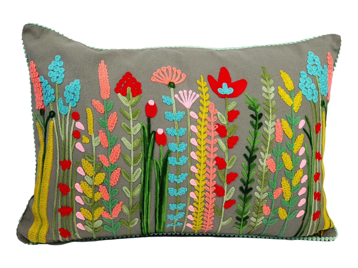 Wild Flowers Embroidered Cushion Cover Throw Pillow Etsy