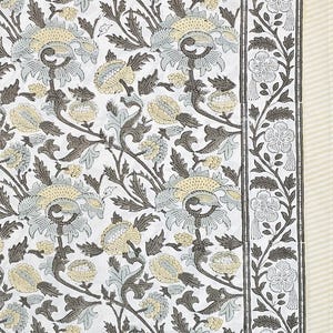 Block Print Cotton Tablecloth | Hand Printed Throw | 150 x 220 cm | Yellow, Brown, Grey and White | Fair Trade