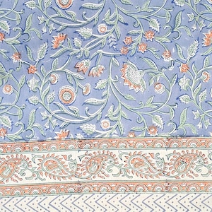 Hand Block Printed Cotton Tablecloth | 220 x 270 cm | Large Rectangular | Floral Table Linen | Double Bed Cover | Sofa Throw