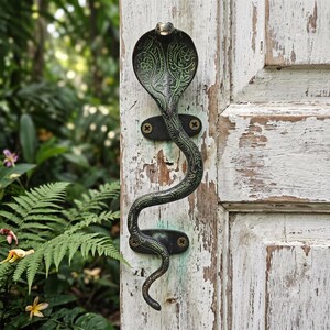 Poignée en laiton à motif de cobra indien à capuchon avec patine verte