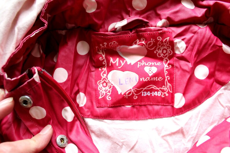 Size Girls 134-140cm Hooded Waterproof Children Rain Jacket Burgundy Rain Jacket Polka Dot Jacket Vintage Girls Raincoat Kids Raincoat