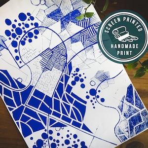 Imaginäre Karte | Abstrakte Karte Kunst | Moderne Wandkunst | Geometrischer Stil Kunst | Blau Geometrischer Kunstdruck Dekor | Moderne Wandbehänge