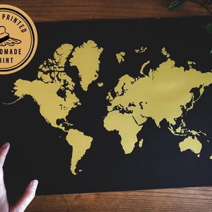 Gold Black World Map Art Print | Carte du monde de Small Gold | Carte de voyage moderne | Envie de voyager | Carte du monde Art mural | Affiche Golden World Map