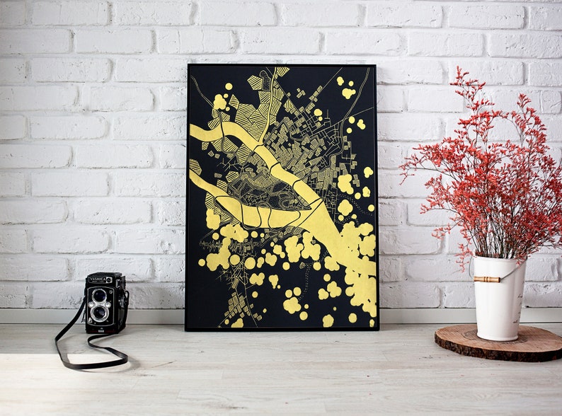 Abstract Fine Art Print Gold Black Imaginary Modern Map Fantastic Travel Map Limited Edition Geometric Wall Art Golden Poster image 3