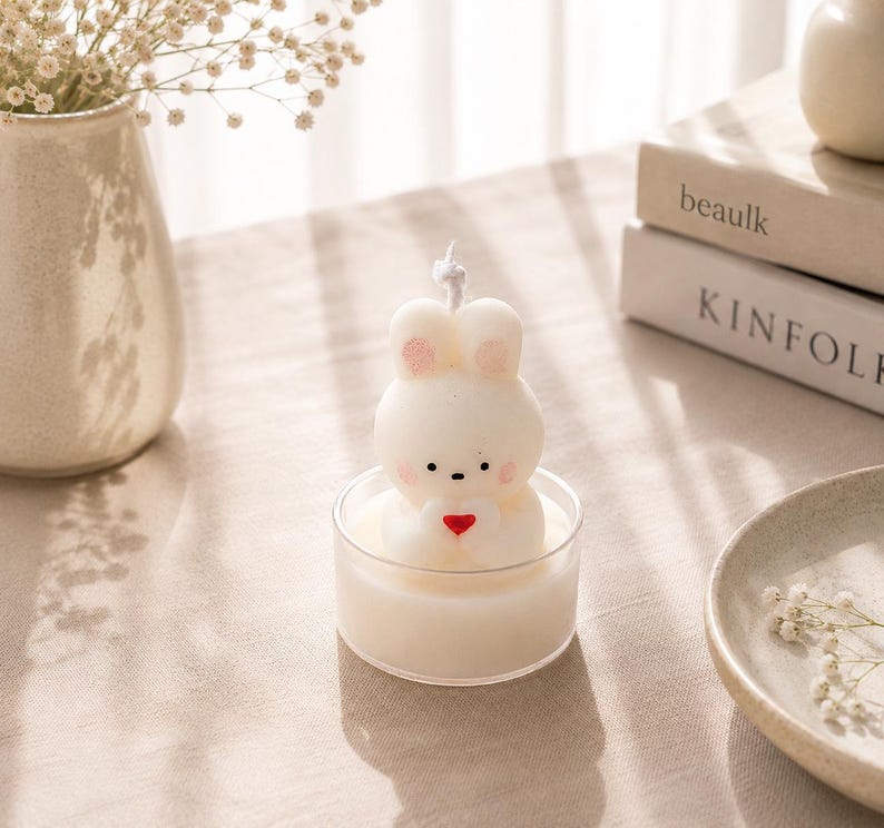 K&ouml;nnte beinhalten: Eine wei&szlig;e Wachskerze in Form eines kleinen Hasen mit rosa get&ouml;nten Ohren und Wangen, der ein winziges rotes Herz h&auml;lt. Die Hasenfigur sitzt in einem klaren, runden Glasbeh&auml;lter, der mit wei&szlig;em Wachs gef&uuml;llt ist und einen einzelnen Docht besitzt.