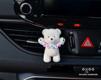 Handmade Teddy Bear Car Air Freshener, Plaster Vent Clip Diffuser, Refillable Fragrance (5 x 6.5 cm)